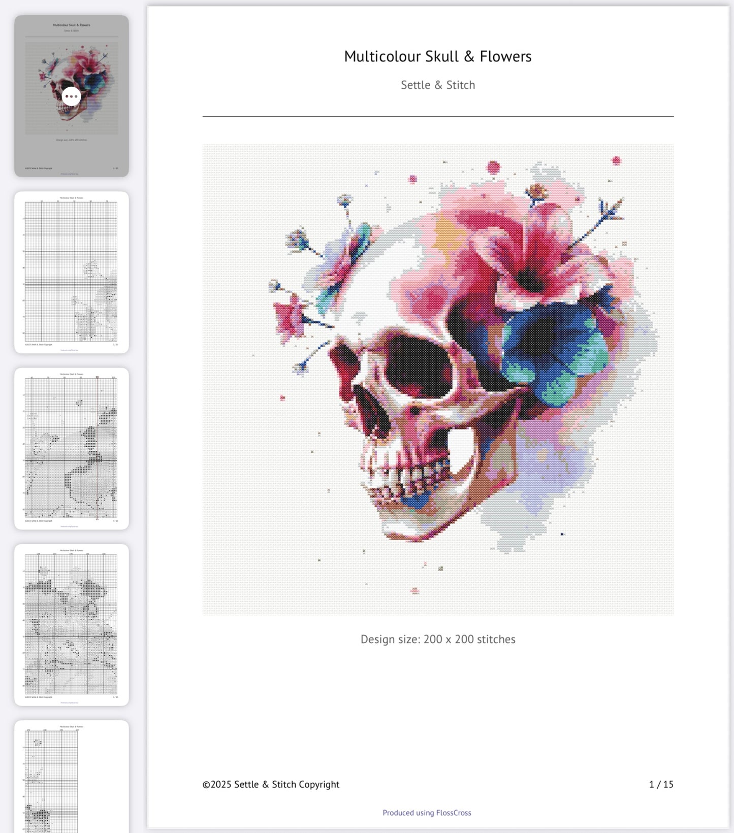Watercolour Skull & Flowers (Multicolour) PDF Pattern | Embroidery Cross Stitch Pattern Download | Stitching | Embroidery Kits | Stitch Design | Embroidery Stitches | PDF Pattern