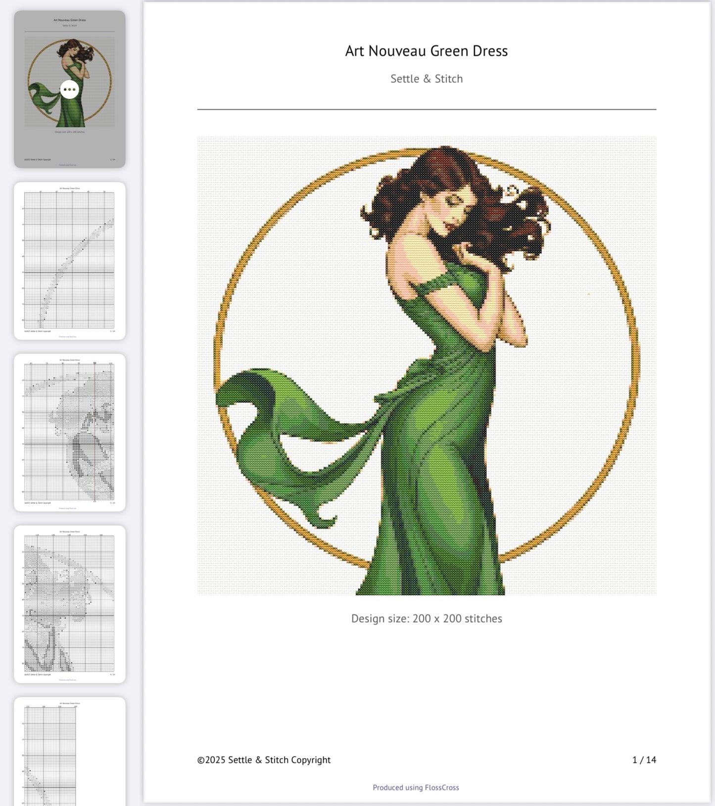 Art Nouveau Green Dress (Circle) PDF Pattern | Embroidery Cross Stitch Pattern Download | Stitching | Embroidery Kits | Stitch Design | Embroidery Stitches | PDF Pattern