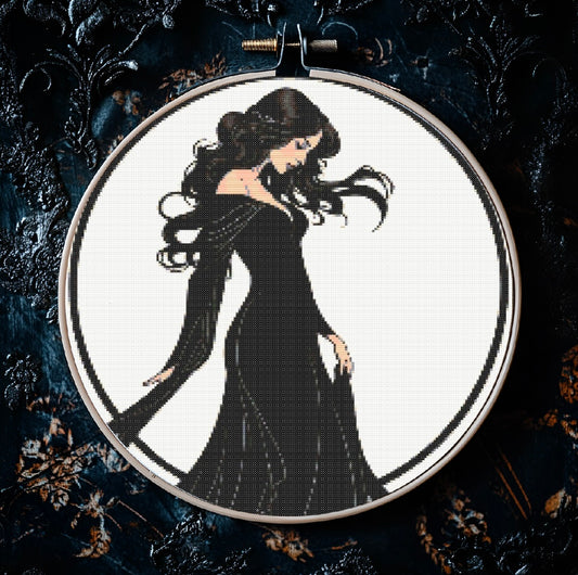 Art Nouveau Black Dress (Circle) PDF Pattern | Embroidery Cross Stitch Pattern Download | Stitching | Embroidery Kits | Stitch Design | Embroidery Stitches | PDF Pattern