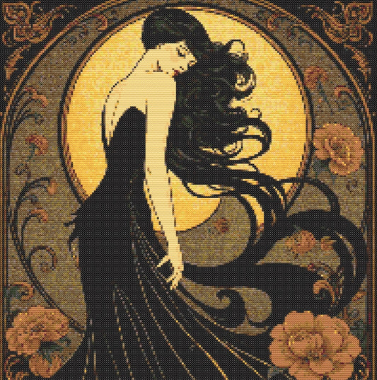 Art Nouveau Black Dress PDF Pattern | Embroidery Cross Stitch Pattern Download | Stitching | Embroidery Kits | Stitch Design | Embroidery Stitches | PDF Pattern