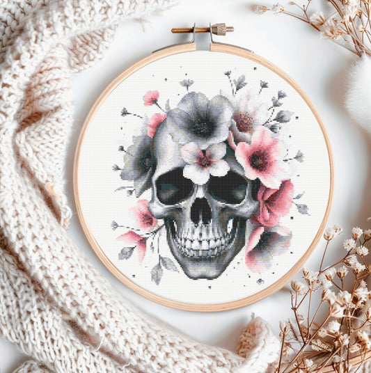 Watercolour Skull & Flowers (Black & Pink) PDF Pattern | Embroidery Cross Stitch Pattern Download | Stitching | Embroidery Kits | Stitch Design | Embroidery Stitches | PDF Pattern