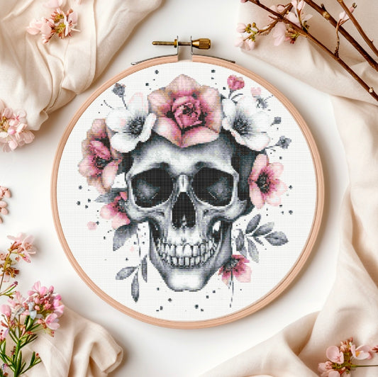 Watercolour Skull & Flowers (Black & Baby Pink) PDF Pattern | Embroidery Cross Stitch Pattern Download | Stitching | Embroidery Kits | Stitch Design | Embroidery Stitches | PDF Pattern