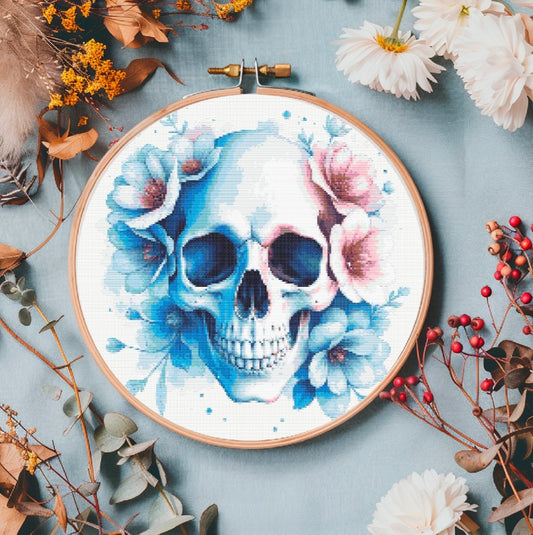 Watercolour Skull & Flowers (Blue & Peach) PDF Pattern | Embroidery Cross Stitch Pattern Download | Stitching | Embroidery Kits | Stitch Design | Embroidery Stitches | PDF Pattern