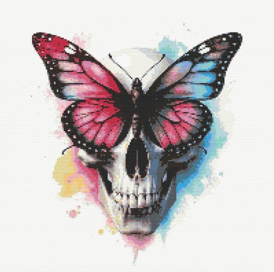 Watercolour Skull & Butterfly (Pink) PDF Pattern | Embroidery Cross Stitch Pattern Download | Stitching | Embroidery Kits | Stitch Design | Embroidery Stitches | PDF Pattern