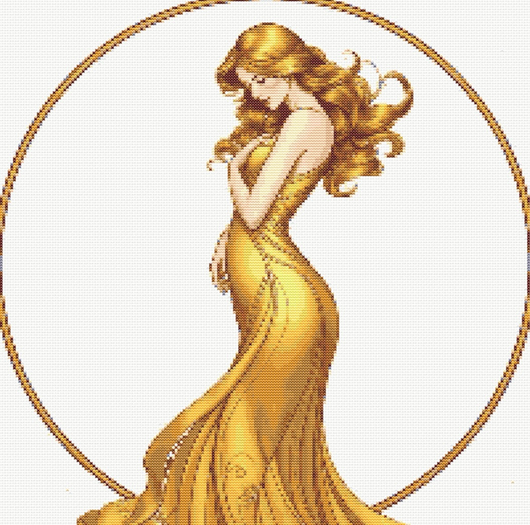 Art Nouveau Gold Dress (Circle) PDF Pattern | Embroidery Cross Stitch Pattern Download | Stitching | Embroidery Kits | Stitch Design | Embroidery Stitches | PDF Pattern