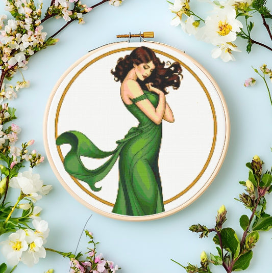 Art Nouveau Green Dress (Circle) PDF Pattern | Embroidery Cross Stitch Pattern Download | Stitching | Embroidery Kits | Stitch Design | Embroidery Stitches | PDF Pattern