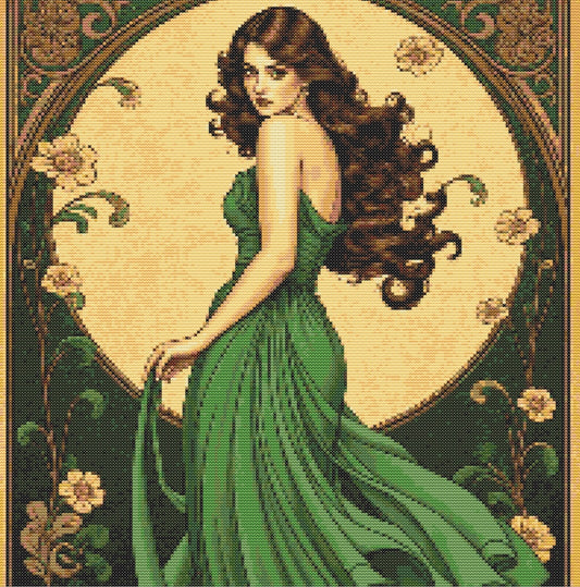 Art Nouveau Green Dress PDF Pattern | Embroidery Cross Stitch Pattern Download | Stitching | Embroidery Kits | Stitch Design | Embroidery Stitches | PDF Pattern