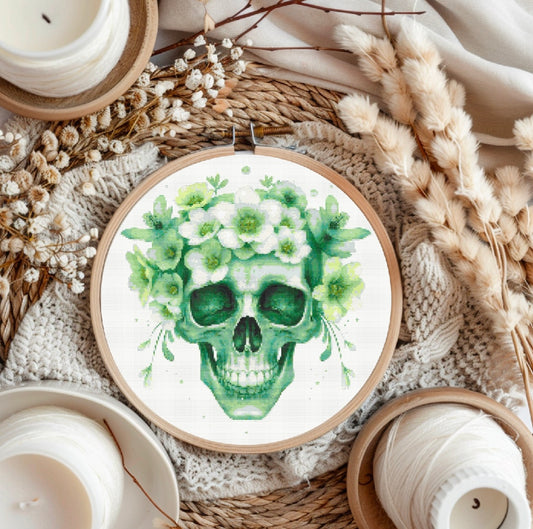 Watercolour Skull & Flowers (Green) PDF Pattern | Embroidery Cross Stitch Pattern Download | Stitching | Embroidery Kits | Stitch Design | Embroidery Stitches | PDF Pattern