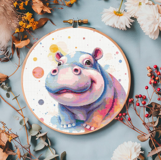 Watercolour Hippo PDF Pattern | Embroidery Cross Stitch Pattern Download | Stitching | Embroidery Kits | Stitch Design | Embroidery Stitches | PDF Pattern