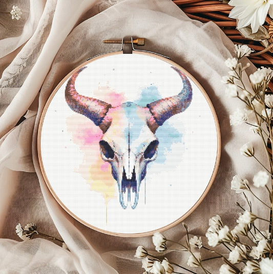 Watercolour Horned Animal Skull PDF Pattern | Embroidery Cross Stitch Pattern Download | Stitching | Embroidery Kits | Stitch Design | Embroidery Stitches | PDF Pattern