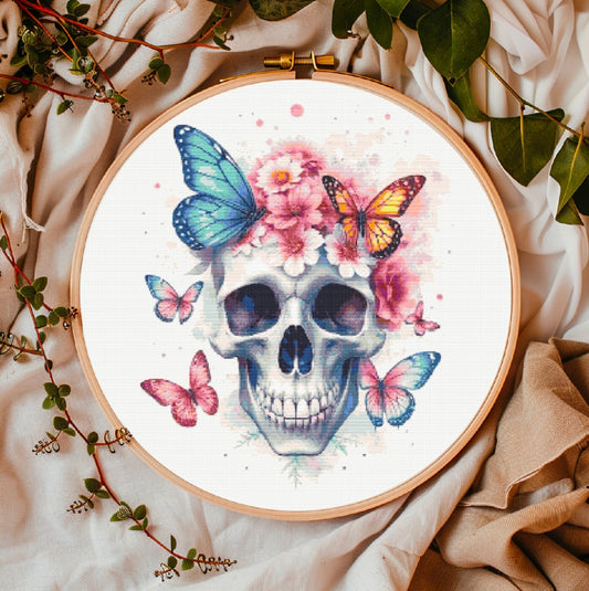 Watercolour Skull & Butterflies (Multicolour) PDF Pattern | Embroidery Cross Stitch Pattern Download | Stitching | Embroidery Kits | Stitch Design | Embroidery Stitches | PDF Pattern