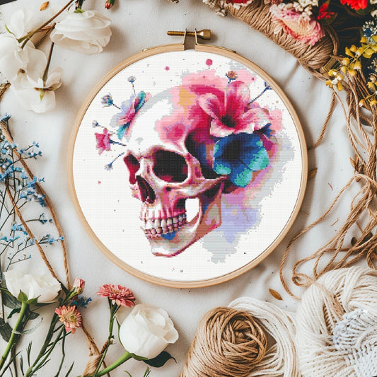 Watercolour Skull & Flowers (Multicolour) PDF Pattern | Embroidery Cross Stitch Pattern Download | Stitching | Embroidery Kits | Stitch Design | Embroidery Stitches | PDF Pattern
