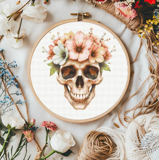 Watercolour Skull & Flowers (Neutral) PDF Pattern | Embroidery Cross Stitch Pattern Download | Stitching | Embroidery Kits | Stitch Design | Embroidery Stitches | PDF Pattern
