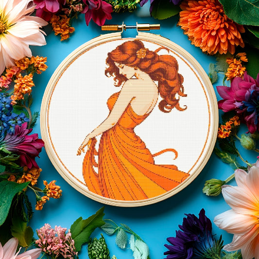 Art Nouveau Orange Dress (Circle) PDF Pattern | Embroidery Cross Stitch Pattern Download | Stitching | Embroidery Kits | Stitch Design | Embroidery Stitches | PDF Pattern
