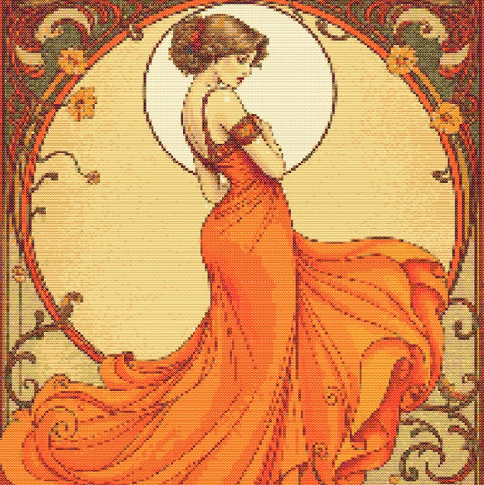Art Nouveau Orange Dress PDF Pattern | Embroidery Cross Stitch Pattern Download | Stitching | Embroidery Kits | Stitch Design | Embroidery Stitches | PDF Pattern