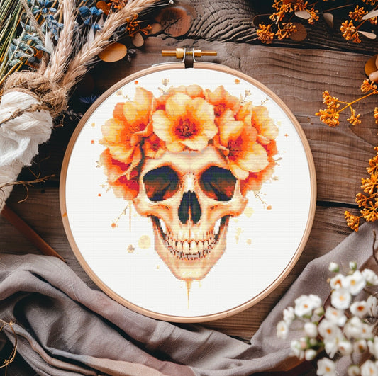 Watercolour Skull & Flowers (Orange) PDF Pattern | Embroidery Cross Stitch Pattern Download | Stitching | Embroidery Kits | Stitch Design | Embroidery Stitches | PDF Pattern