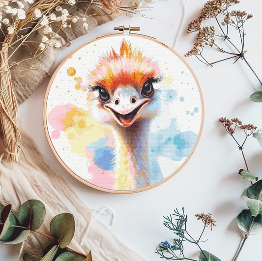 Watercolour Ostrich PDF Pattern | Embroidery Cross Stitch Pattern Download | Stitching | Embroidery Kits | Stitch Design | Embroidery Stitches | PDF Pattern