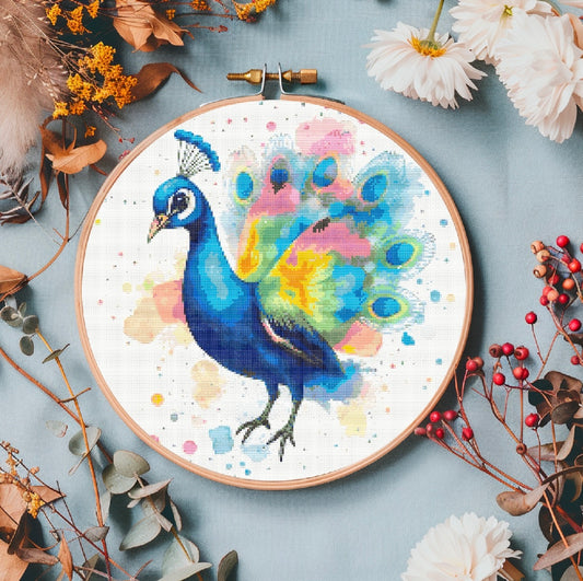 Watercolour Peacock PDF Pattern | Embroidery Cross Stitch Pattern Download | Stitching | Embroidery Kits | Stitch Design | Embroidery Stitches | PDF Pattern