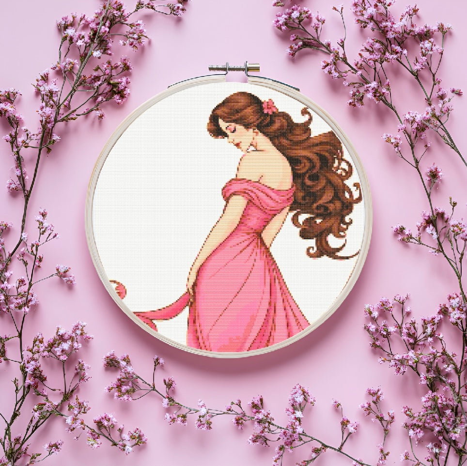 Art Nouveau Pink Dress (Circle) PDF Pattern | Embroidery Cross Stitch Pattern Download | Stitching | Embroidery Kits | Stitch Design | Embroidery Stitches | PDF Pattern