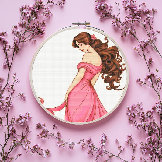 Art Nouveau Pink Dress (Circle) PDF Pattern | Embroidery Cross Stitch Pattern Download | Stitching | Embroidery Kits | Stitch Design | Embroidery Stitches | PDF Pattern
