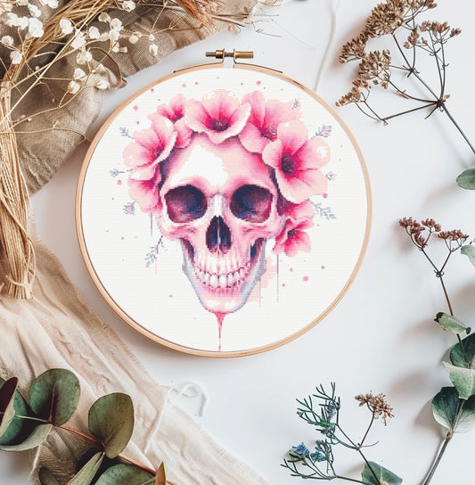 Watercolour Skull & Flowers (Pink) PDF Pattern | Embroidery Cross Stitch Pattern Download | Stitching | Embroidery Kits | Stitch Design | Embroidery Stitches | PDF Pattern