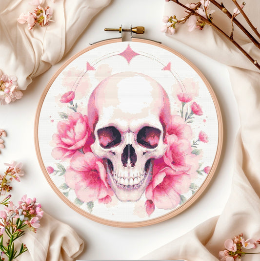 Watercolour Skull & Flowers (Pink) PDF Pattern | Embroidery Cross Stitch Pattern Download | Stitching | Embroidery Kits | Stitch Design | Embroidery Stitches | PDF Pattern