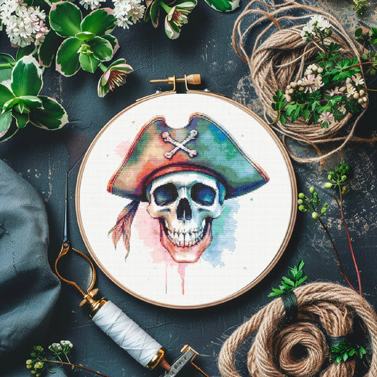 Watercolour Pirate Skull PDF Pattern | Embroidery Cross Stitch Pattern Download | Stitching | Embroidery Kits | Stitch Design | Embroidery Stitches | PDF Pattern