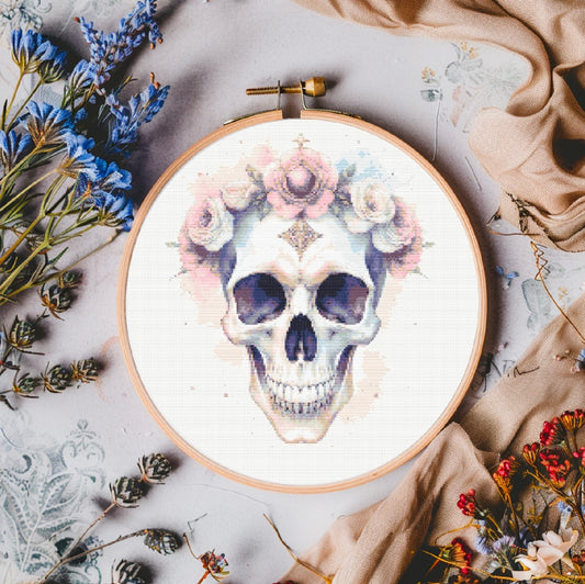 Watercolour Pretty Girl Skull (Baby Pink) PDF Pattern | Embroidery Cross Stitch Pattern Download | Stitching | Embroidery Kits | Stitch Design | Embroidery Stitches | PDF Pattern