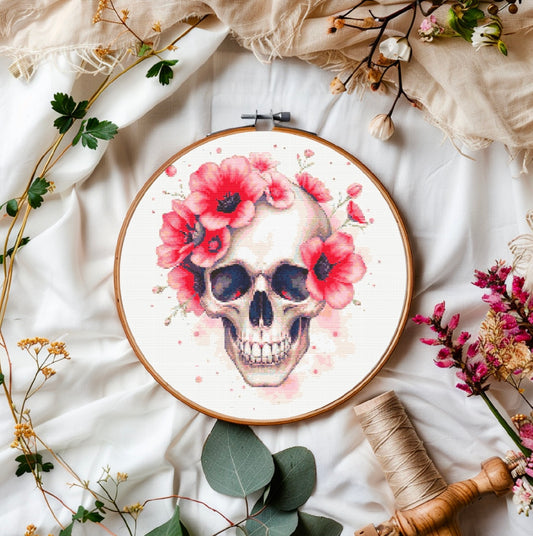 Watercolour Skull & Flowers (Red) PDF Pattern | Embroidery Cross Stitch Pattern Download | Stitching | Embroidery Kits | Stitch Design | Embroidery Stitches | PDF Pattern