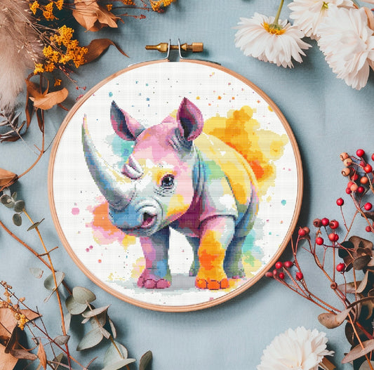 Watercolour Rhino PDF Pattern | Embroidery Cross Stitch Pattern Download | Stitching | Embroidery Kits | Stitch Design | Embroidery Stitches | PDF Pattern