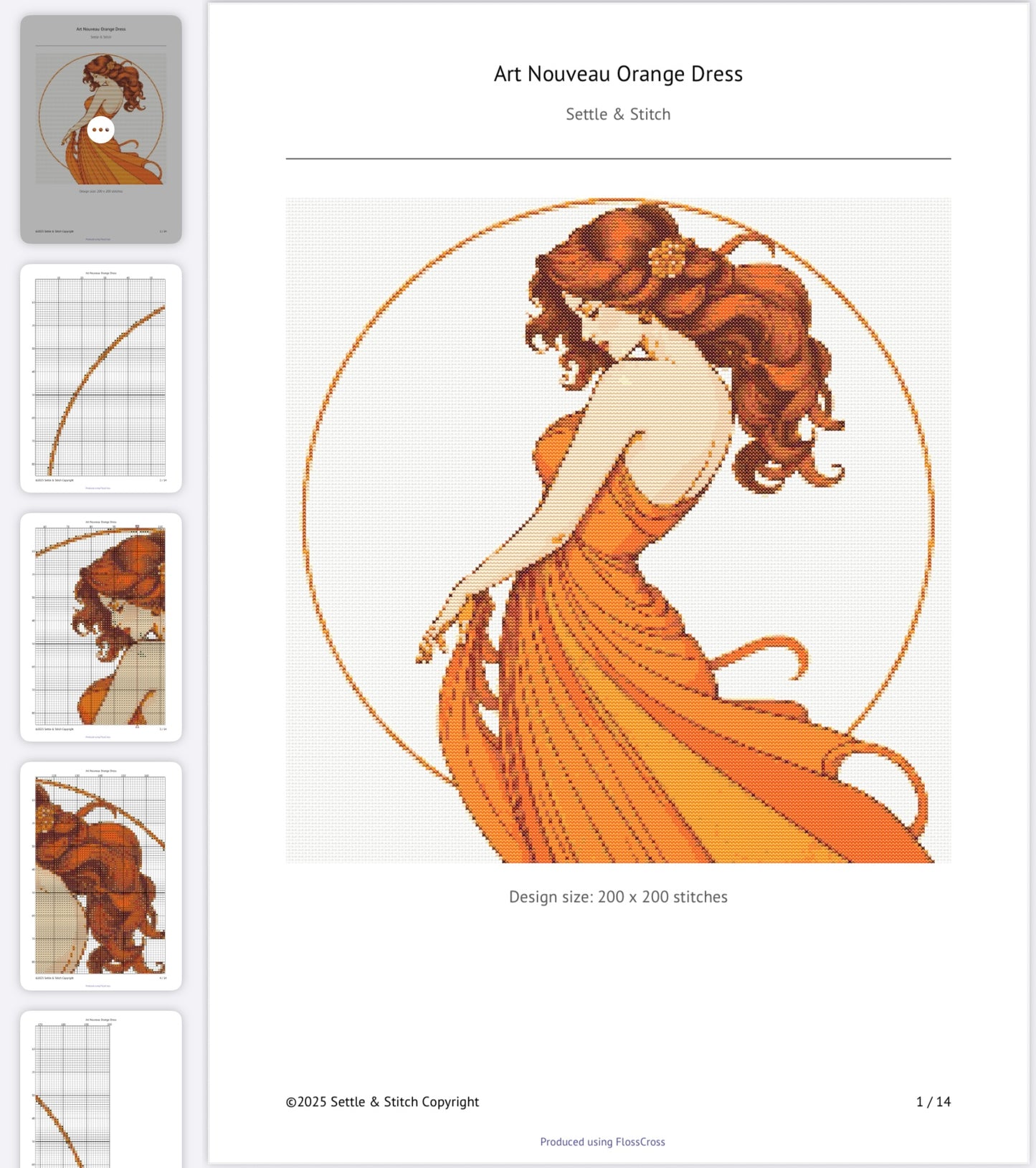 Art Nouveau Orange Dress (Circle) PDF Pattern | Embroidery Cross Stitch Pattern Download | Stitching | Embroidery Kits | Stitch Design | Embroidery Stitches | PDF Pattern