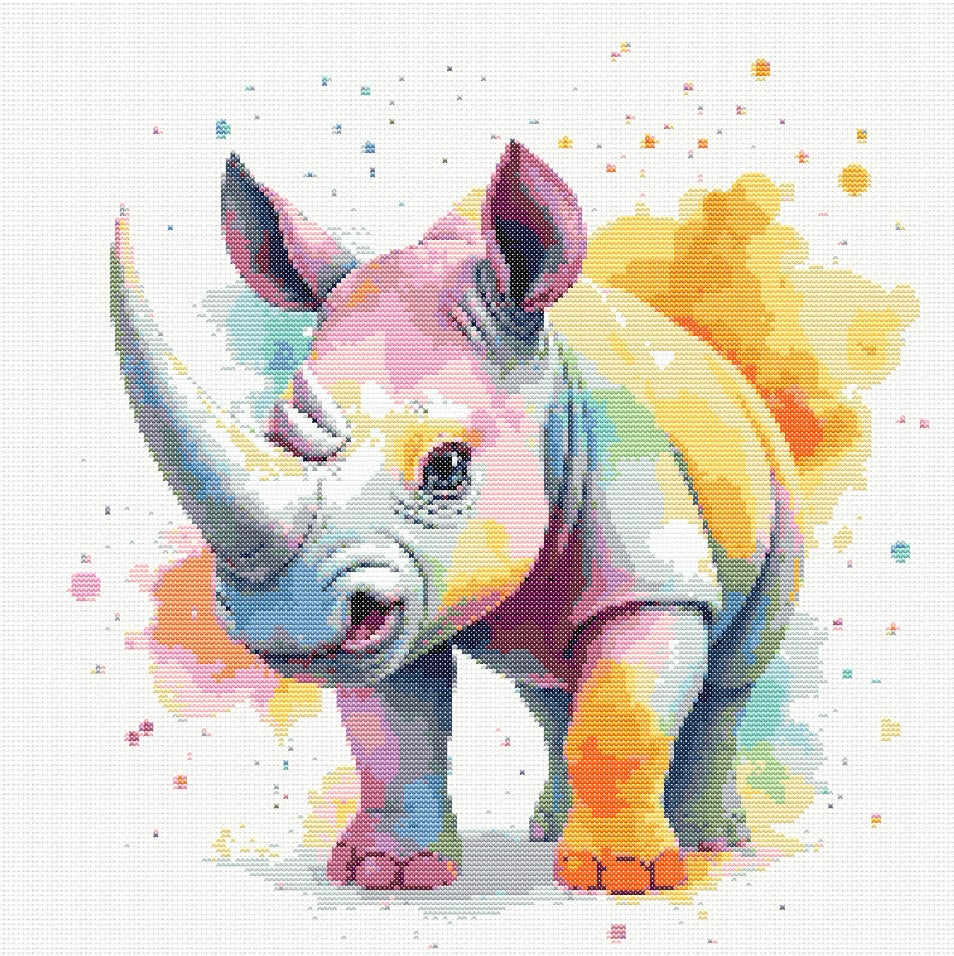 Watercolour Rhino PDF Pattern | Embroidery Cross Stitch Pattern Download | Stitching | Embroidery Kits | Stitch Design | Embroidery Stitches | PDF Pattern