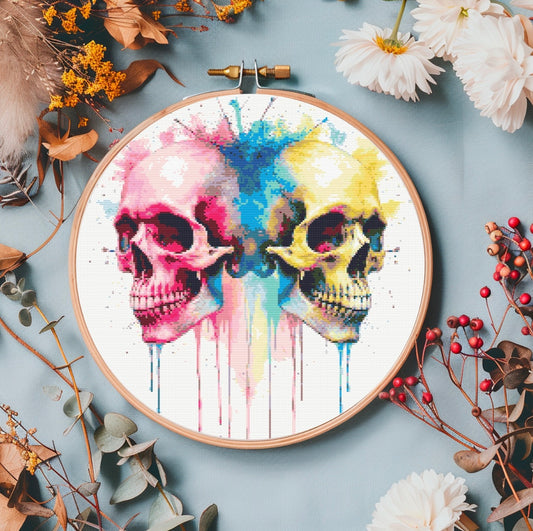 Watercolour Skulls (Multicolour) PDF Pattern | Embroidery Cross Stitch Pattern Download | Stitching | Embroidery Kits | Stitch Design | Embroidery Stitches | PDF Pattern